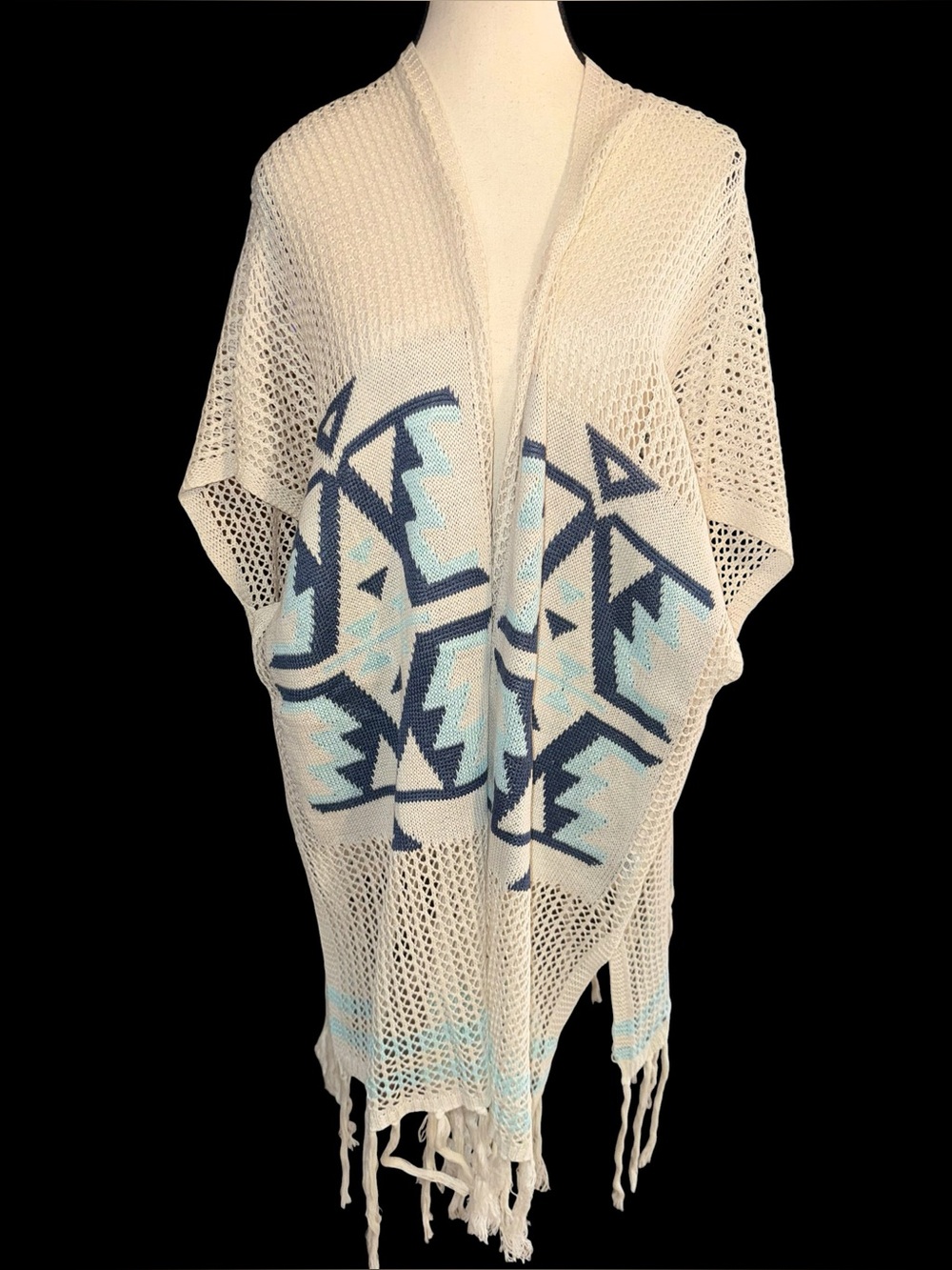 RAGA Kimono Cardigan XS Eggshell Aztec Southwestern Crochet Fringe NWT